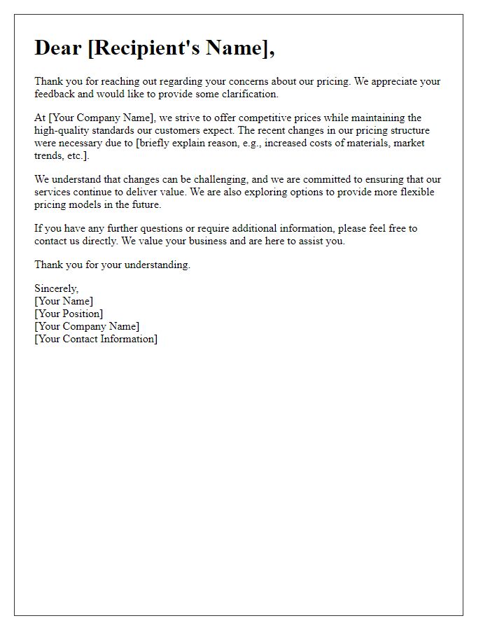 Letter template of explanation regarding pricing concerns raised.