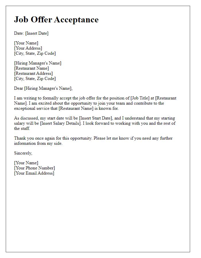 Letter template of restaurant job offer acceptance confirming job title