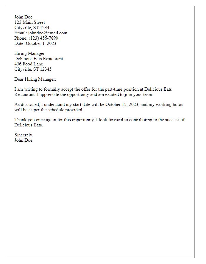 Letter template of restaurant job offer acceptance for part-time position