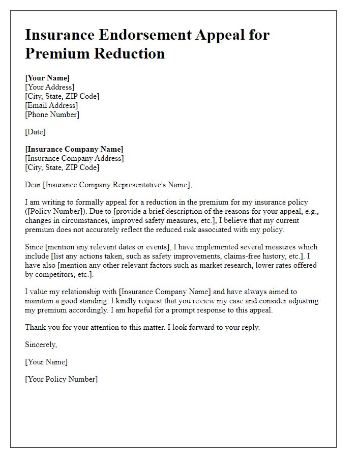 Letter template of insurance endorsement appeal for premium reduction.