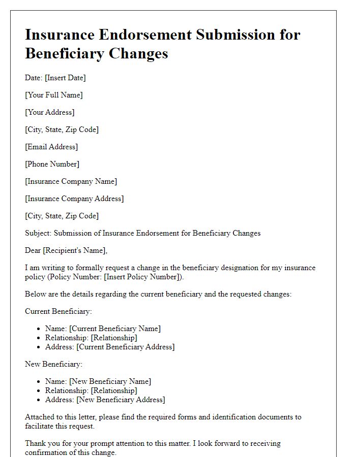 Letter template of insurance endorsement submission for beneficiary changes.