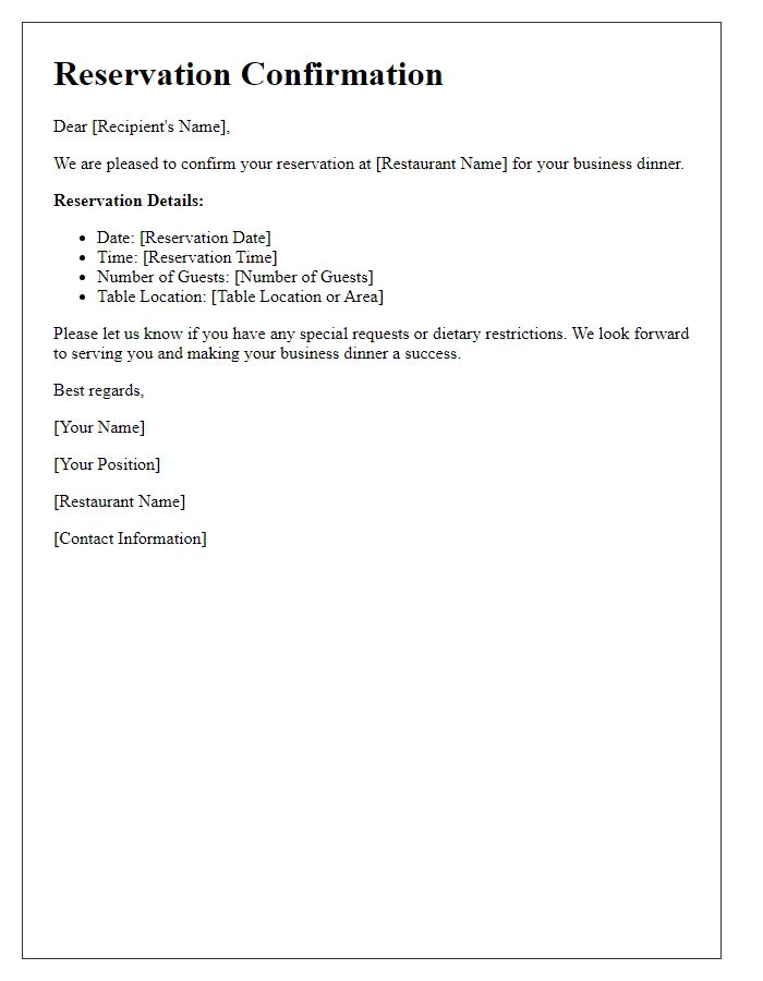 Letter template of restaurant reservation confirmation for a business dinner.