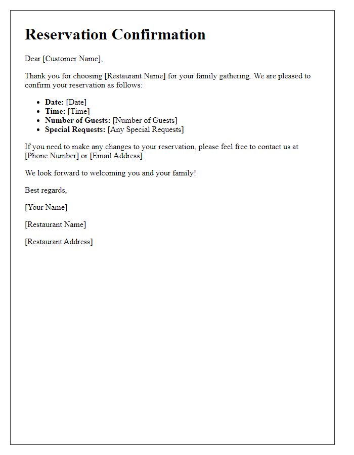 Letter template of restaurant reservation confirmation for a family gathering.