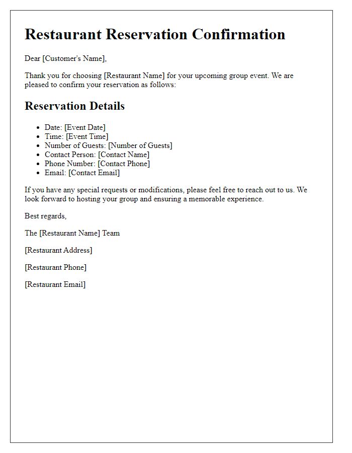 Letter template of restaurant reservation confirmation for a group event.