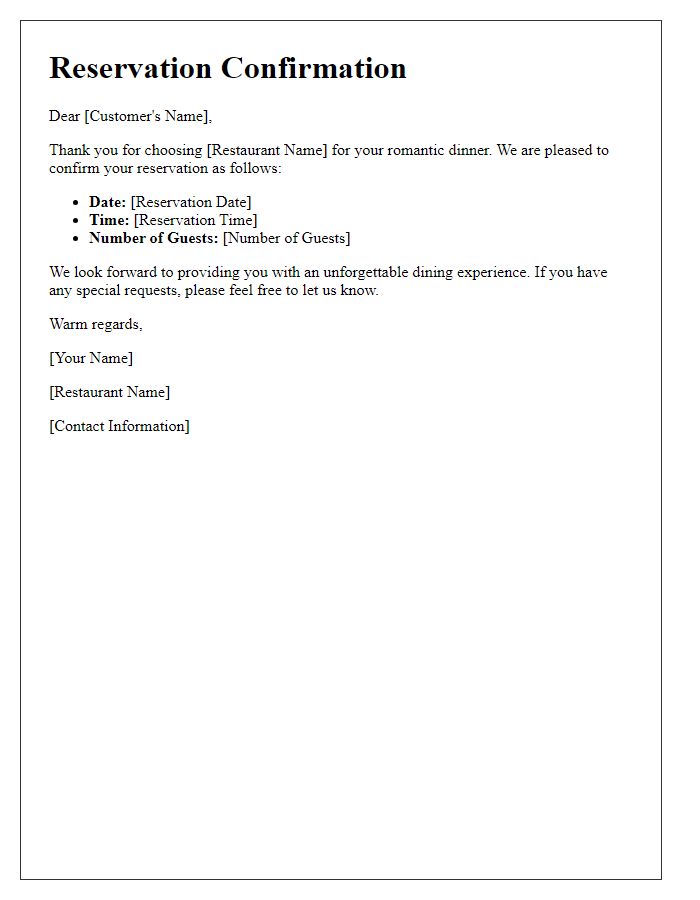 Letter template of restaurant reservation confirmation for a romantic dinner.