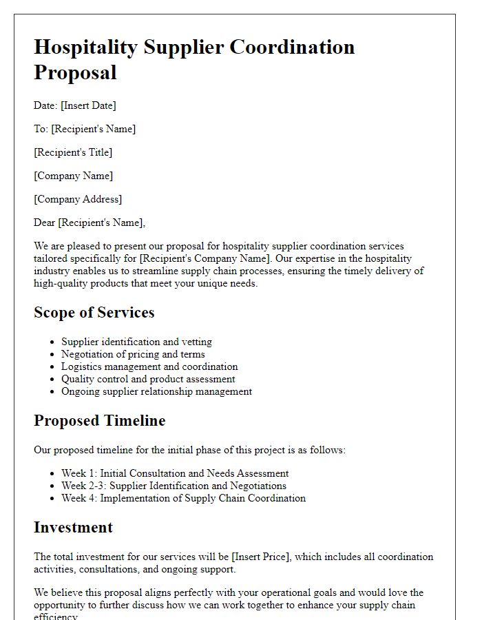 Letter template of Hospitality Supplier Coordination Proposal