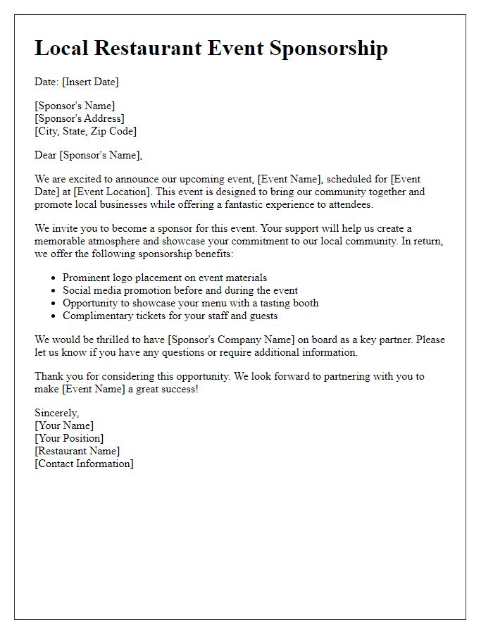 Letter template of local restaurant event sponsorship offer