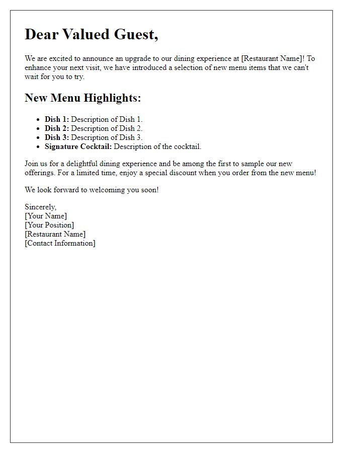 Letter template of dining experience upgrade with new menu items