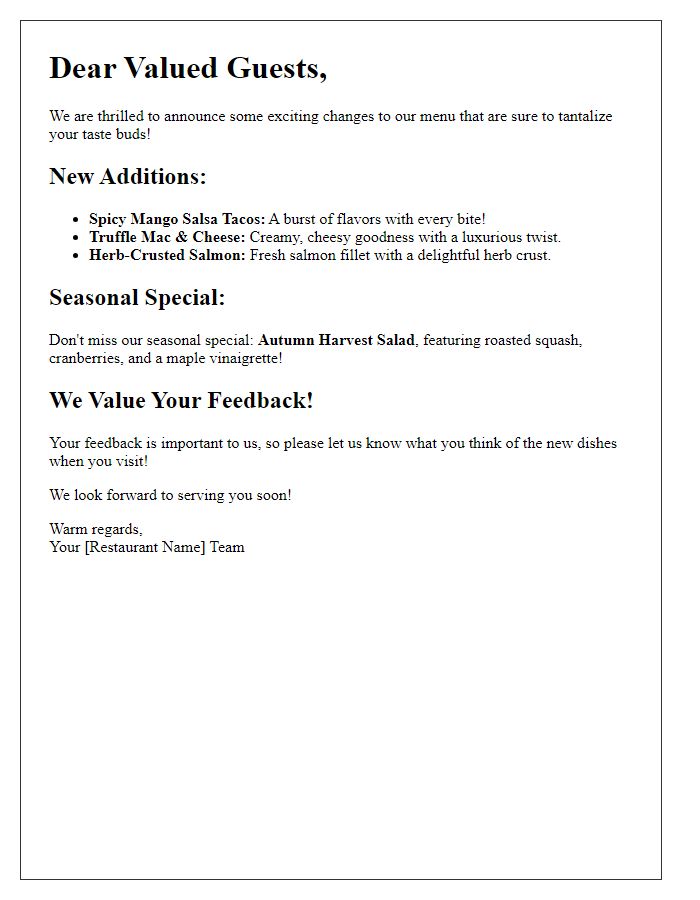 Letter template of exciting menu changes to tantalize your taste buds