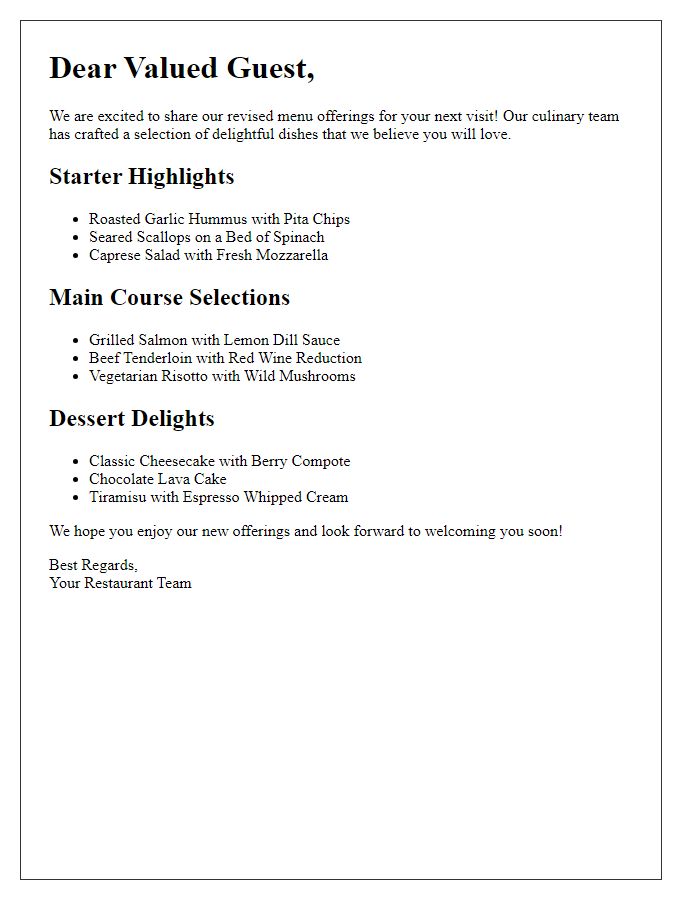 Letter template of revised menu offerings for your next visit