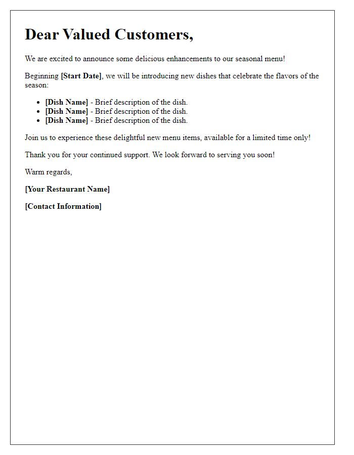 Letter template of seasonal menu enhancement alert
