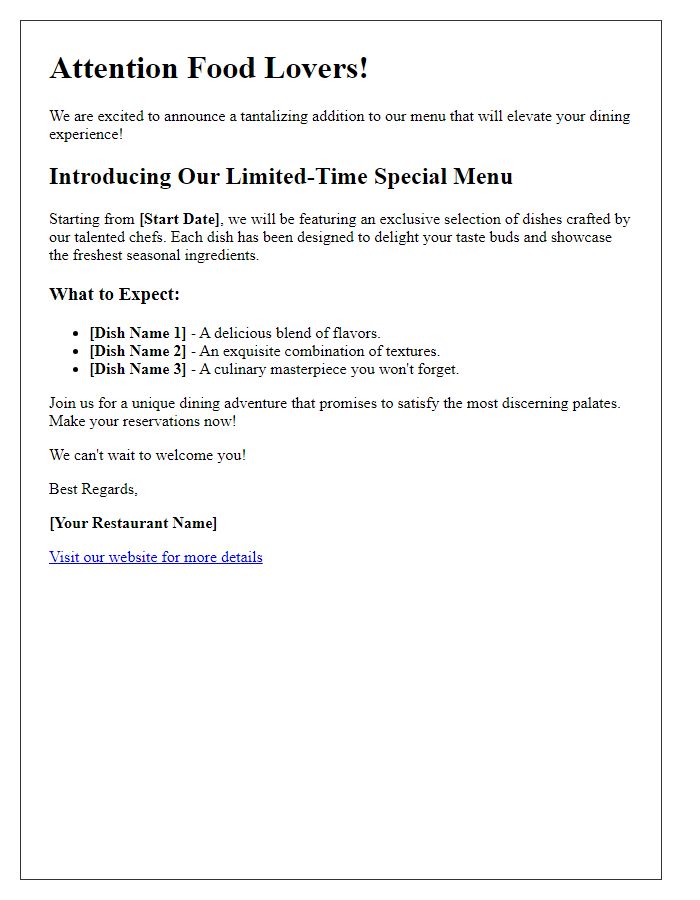 Letter template of special menu feature announcement for food lovers