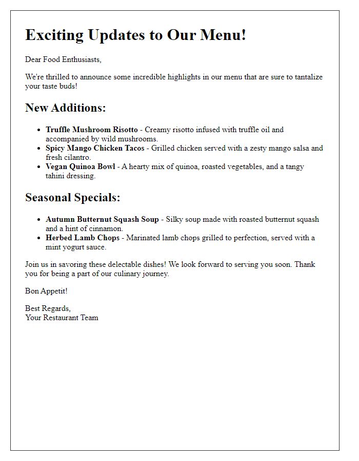 Letter template of updated menu highlights for food enthusiasts