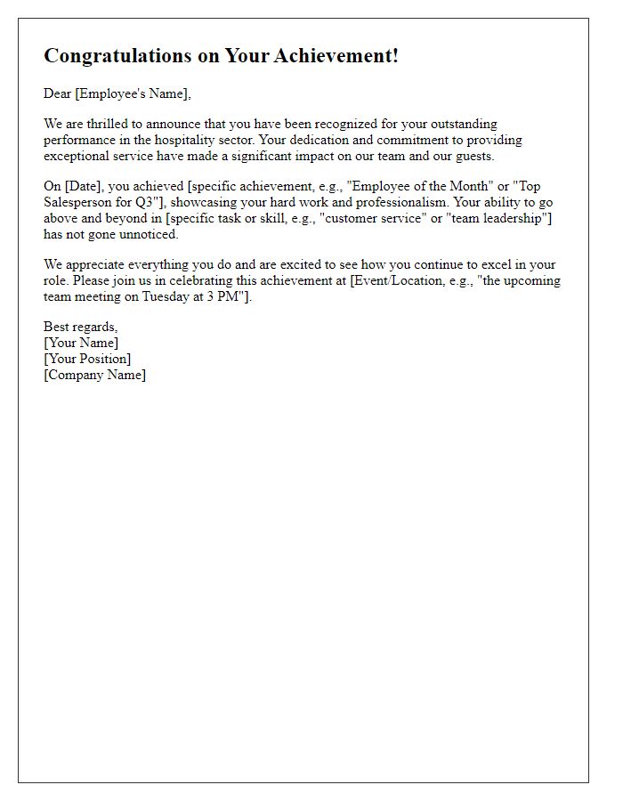 Letter template of achievement announcement for an employee in the hospitality sector