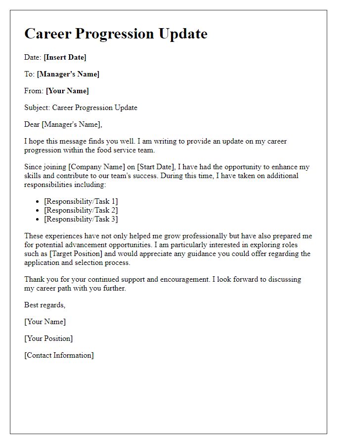 Letter template of career progression update for a food service worker