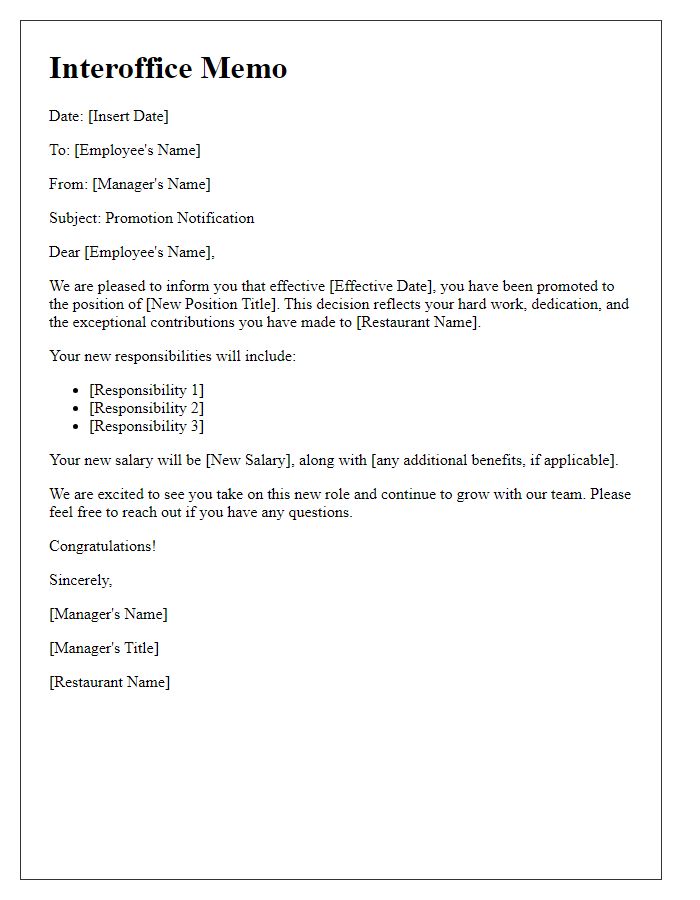 Letter template of elevation memo for a restaurant staff promotion