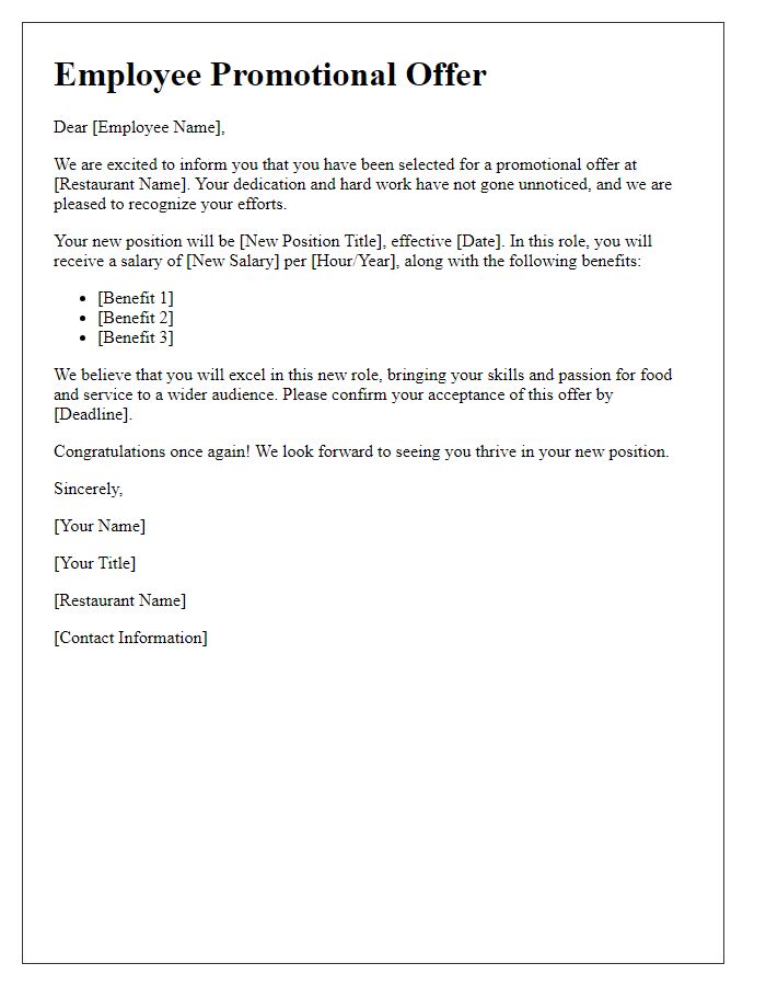 Letter template of promotional offer for a restaurant employee