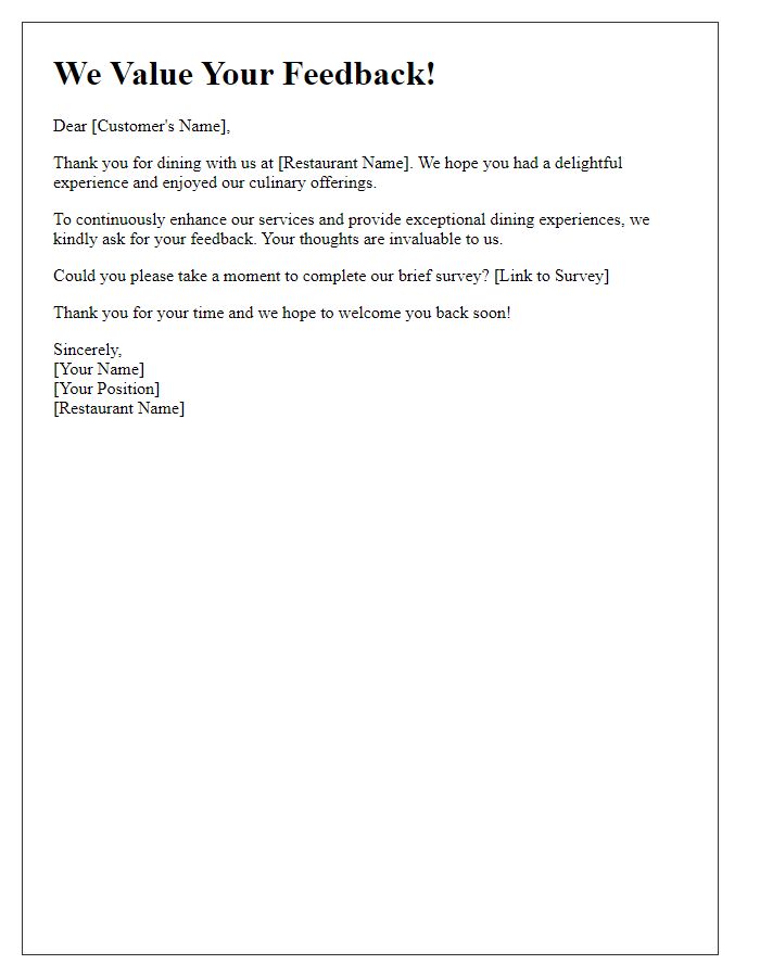 Letter template of customer feedback request for fine dining experience.