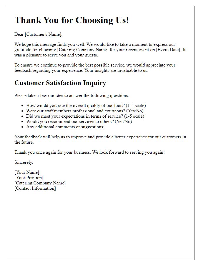 Letter template of customer satisfaction inquiry post-event catering.