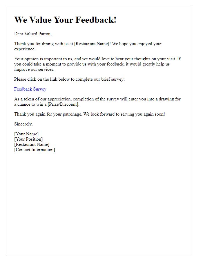 Letter template of feedback solicitation for casual dining patrons.