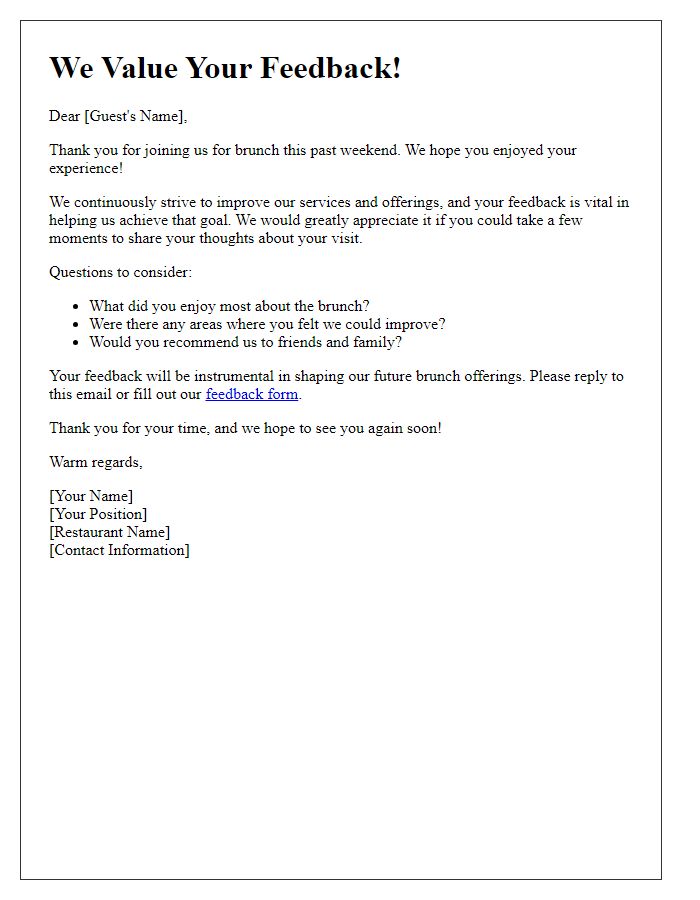 Letter template of guest feedback appeal for weekend brunch attendees.