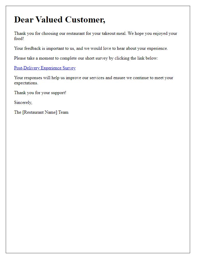 Letter template of post-delivery experience survey for takeout clients.