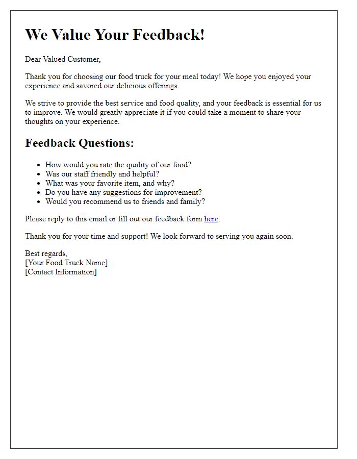 Letter template of quality feedback solicitation for food truck customers.