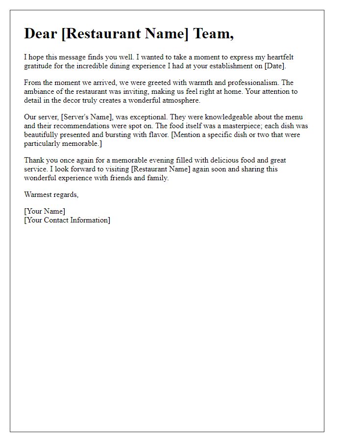 Letter template of heartfelt gratitude for dining experience.