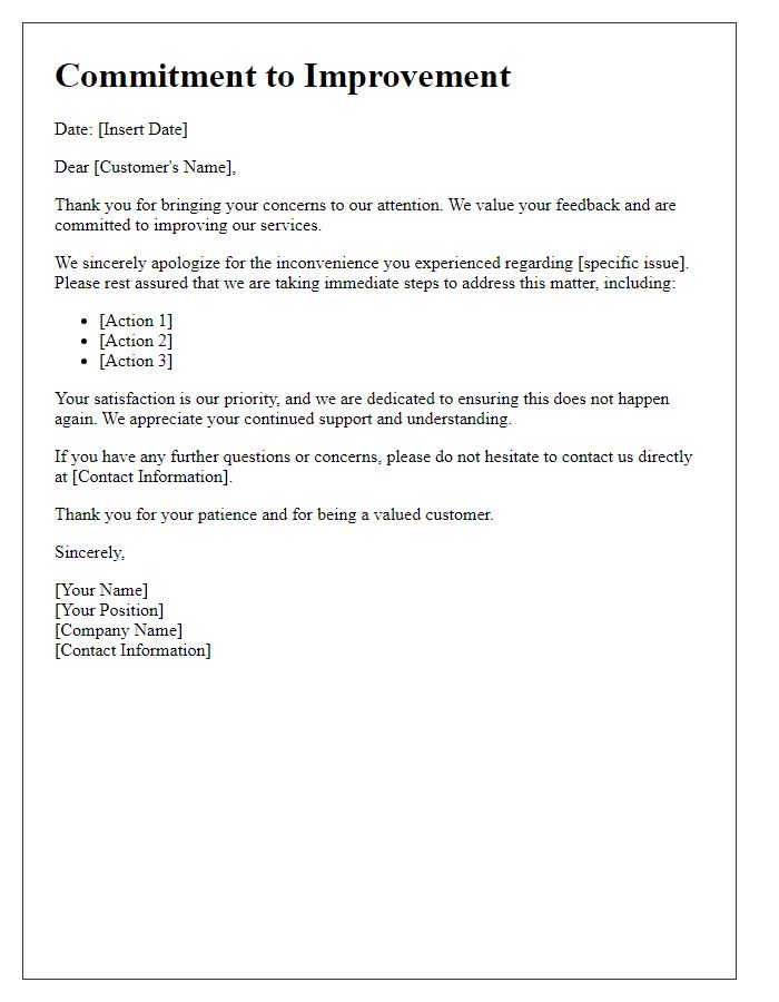 Letter template of commitment to improvement after customer complaint