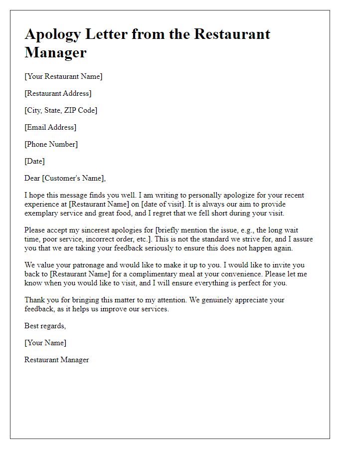 Letter template of personal apology from the restaurant manager