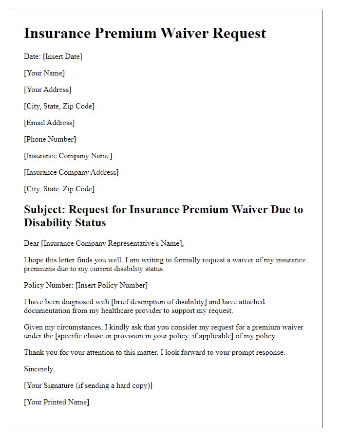 Letter template of insurance premium waiver based on disability status.