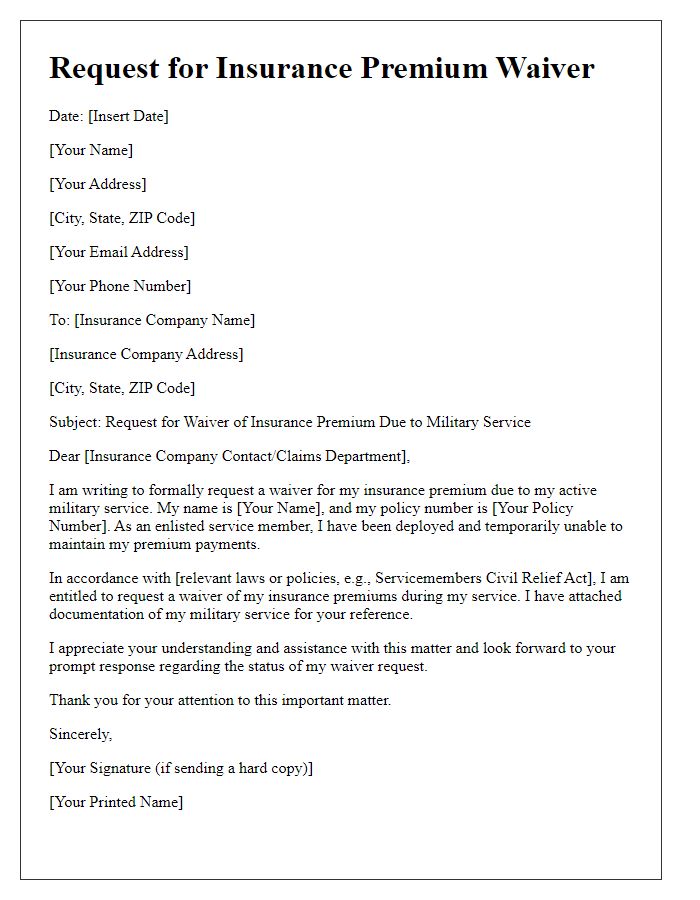 Letter template of insurance premium waiver request for military service members.