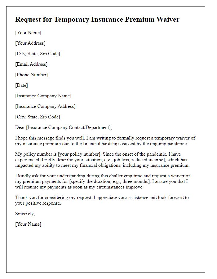 Letter template of request for temporary insurance premium waiver during pandemic.