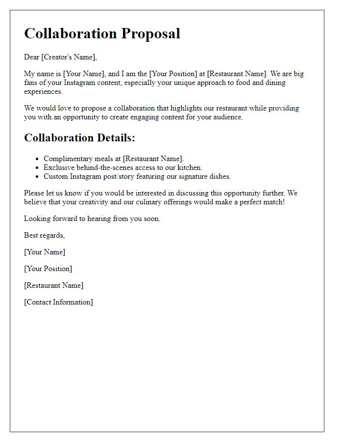 Letter template of restaurant collaboration proposal tailored for Instagram creators.