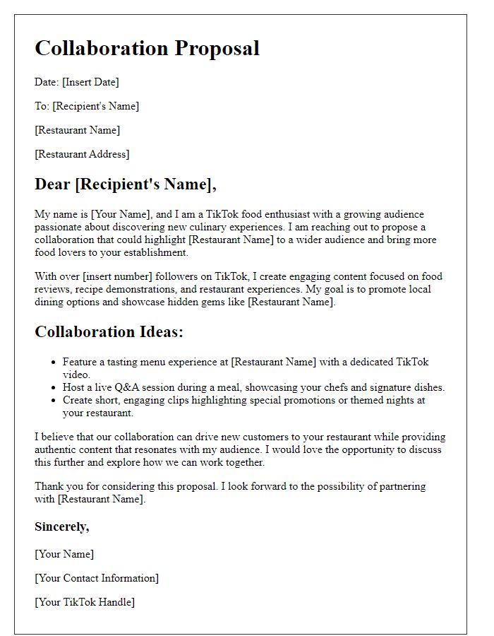 Letter template of restaurant collaboration proposal for TikTok food enthusiasts.