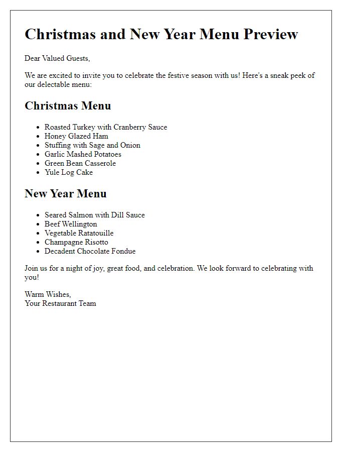 Letter template of Christmas and New Year menu preview