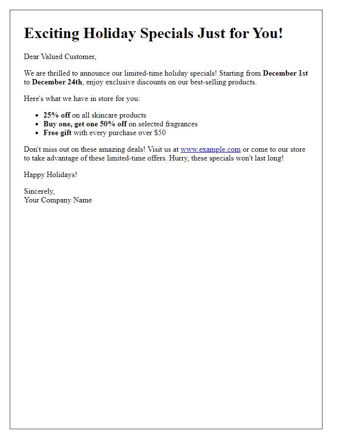 Letter template of limited-time holiday specials announcement