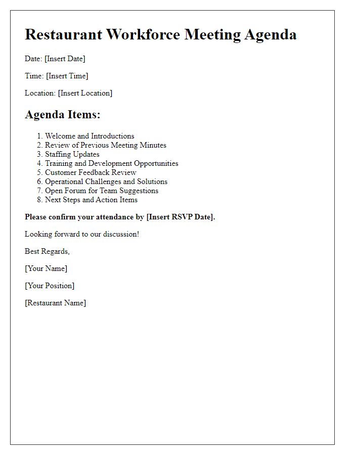 Letter template of agenda for restaurant workforce meeting