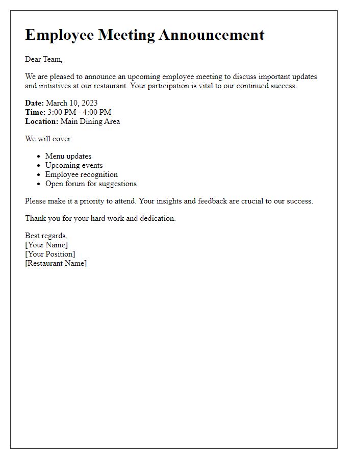 Letter template of announcement for restaurant employee meeting