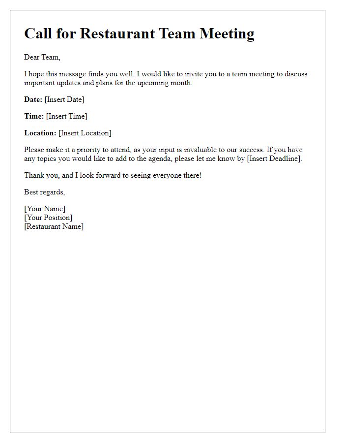 Letter template of call for restaurant team meeting