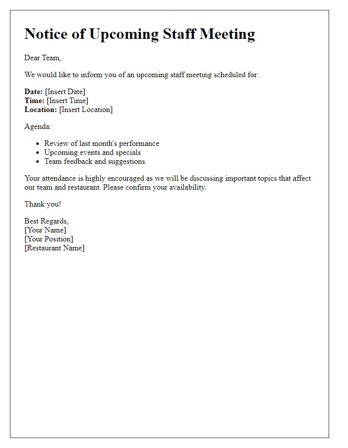 Letter template of notice for upcoming restaurant staff meeting