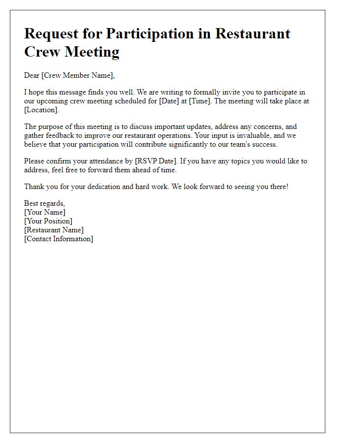 Letter template of request for restaurant crew meeting participation