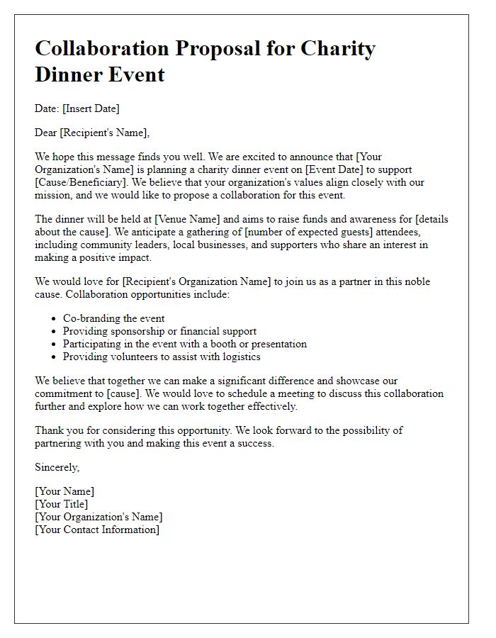 Letter template of collaboration proposal for charity dinner event.