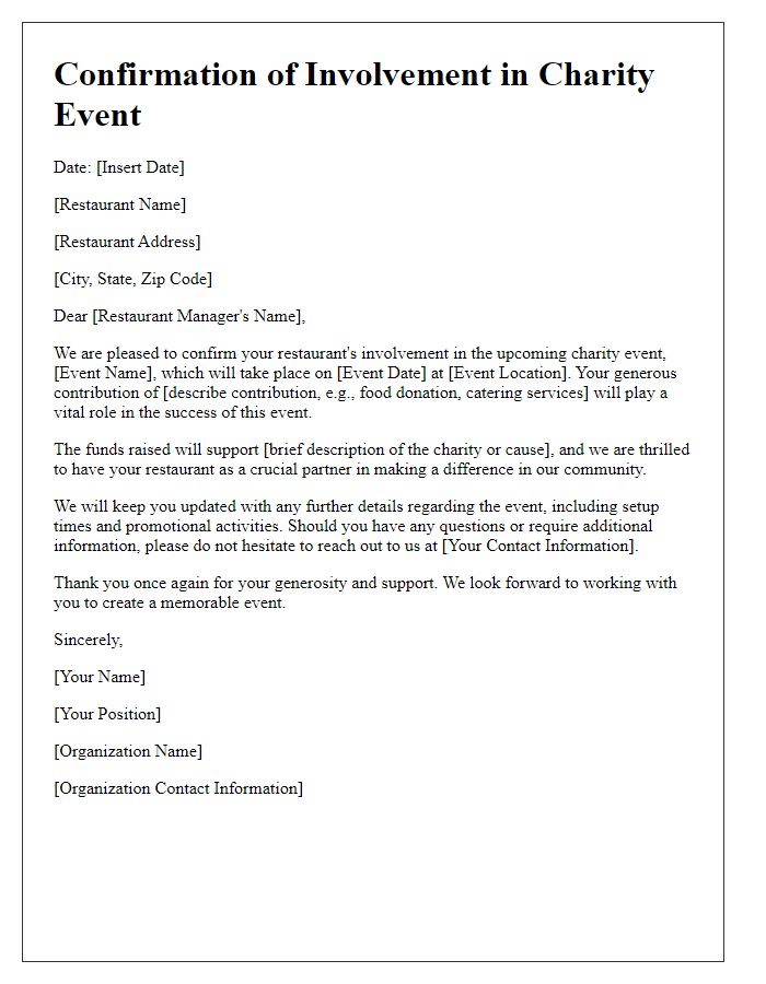 Letter template of confirmation for restaurant's involvement in charity event.