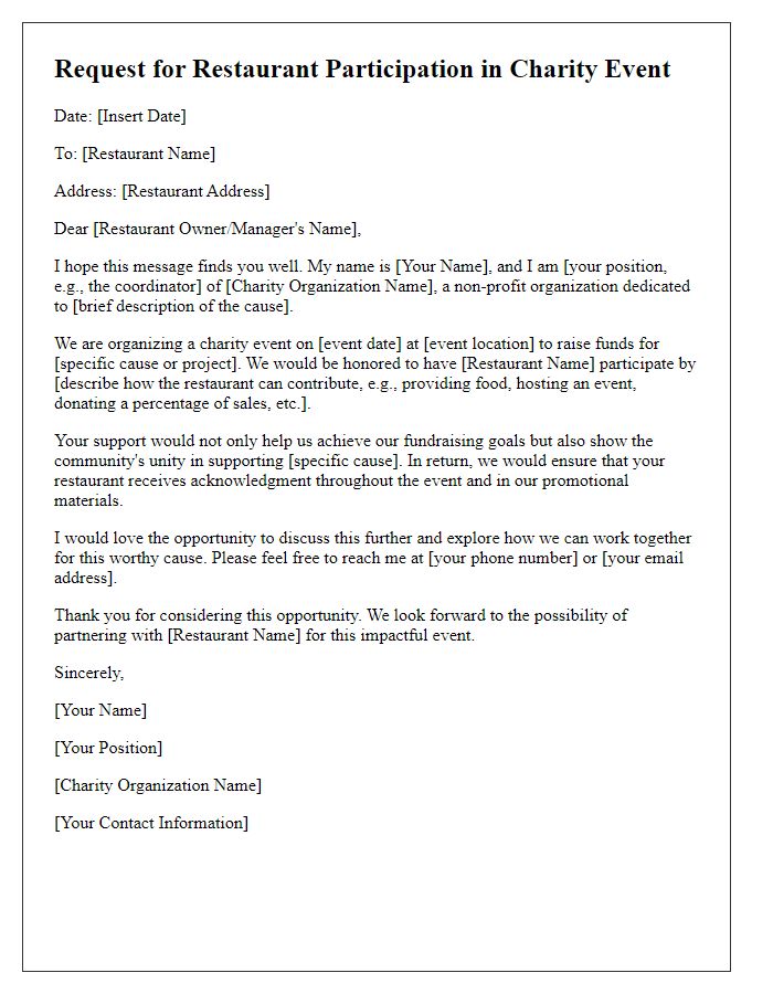 Letter template of request for restaurant participation in charity event.