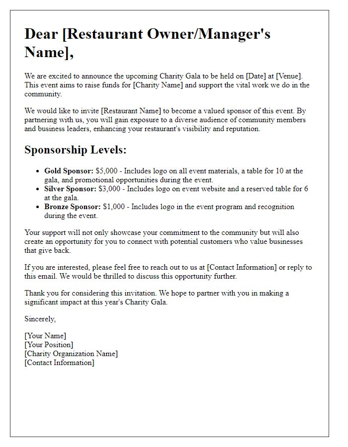 Letter template of sponsorship opportunity for restaurants at charity gala.