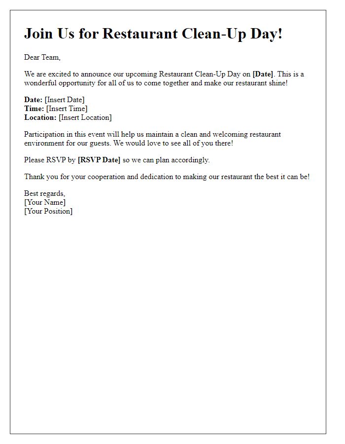 Letter template of announcement for restaurant clean-up day participation