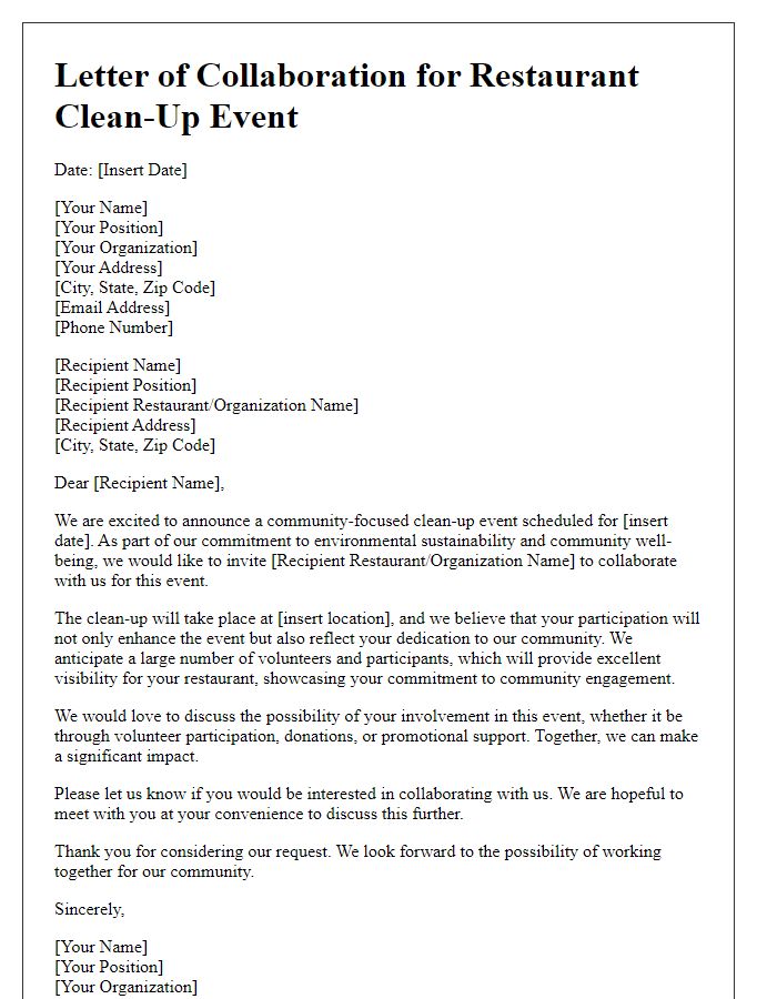 Letter template of collaboration for restaurant clean-up event participation