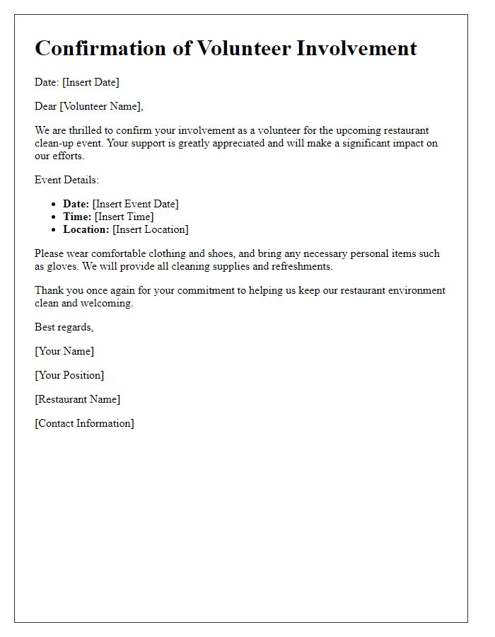 Letter template of confirmation for restaurant clean-up volunteer involvement