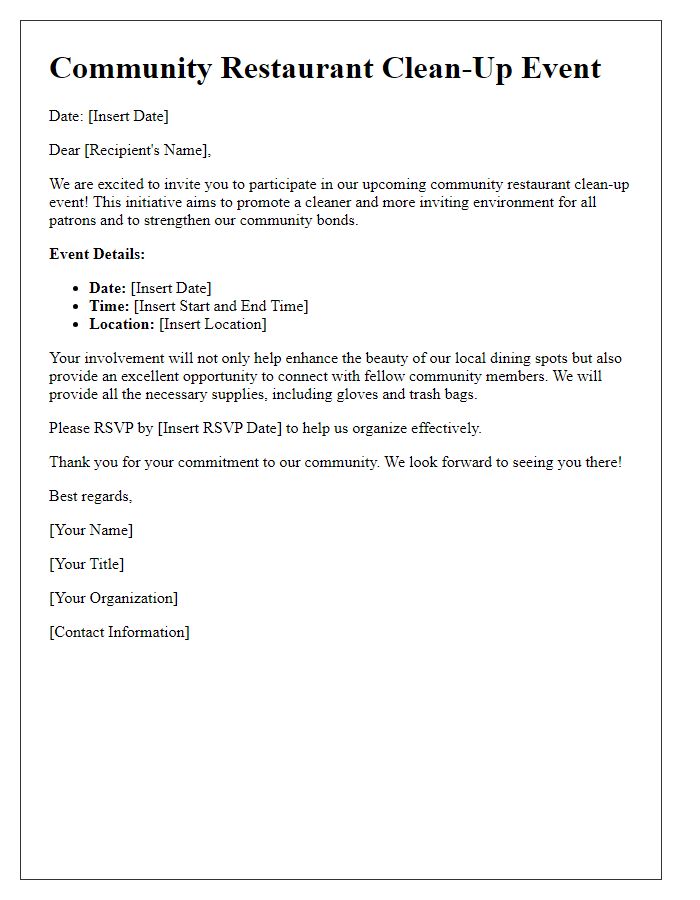 Letter template of engagement for community restaurant clean-up event